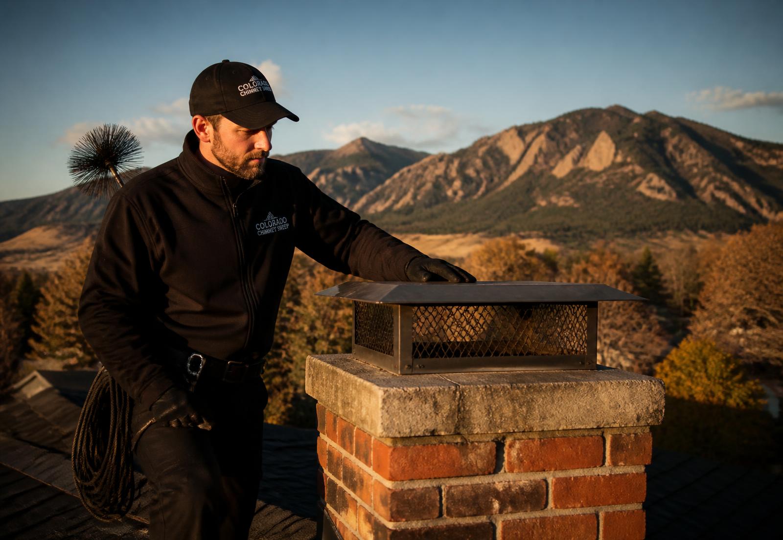 Certified technician inspecting a brick chimney on a Boulder, Colorado rooftop